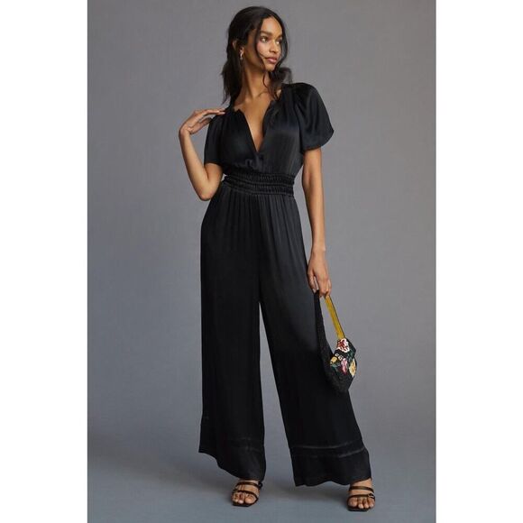 Anthropologie The Somerset Jumpsuit Size Medium Tall Inseam Satin Black - Picture 1 of 12